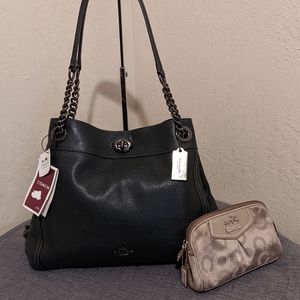 Coach Edie Pebbled Forest TrnLock Chain Hobo Satchel Shoulderbag Carryall +BONUS